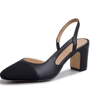 Trendy Black Leather Two Tone Slingback Chunky Strap Heels Sz 7  New